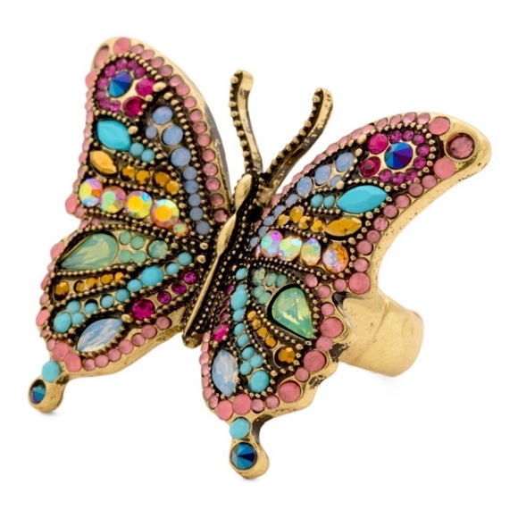 BETSEY JOHNSON Multicolor Stone & Crystal Encrusted Stretch Butterfly Ring NWT - Picture 1 of 7